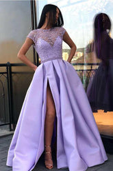 Lavender Satin A-line Beaded Long Prom Dresses, Evening Dresses With Slit